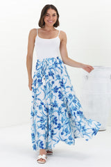 Hellen Maxi Skirt - High Waisted Skirt with Front Splits in Braley Print Blue