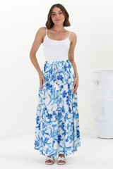 Hellen Maxi Skirt - High Waisted Skirt with Front Splits in Braley Print Blue