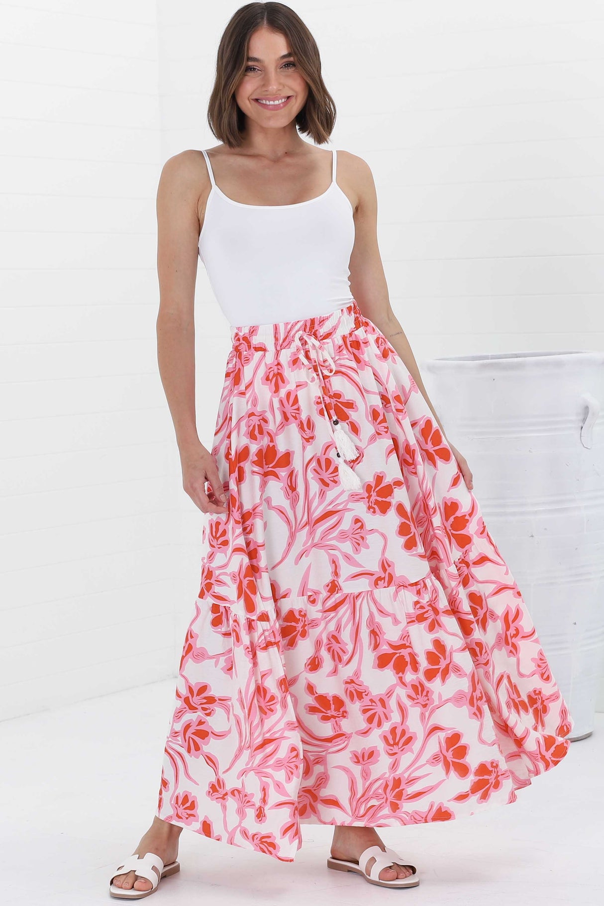 Hellen Maxi Skirt - High Waisted Skirt with Front Splits in Braley Print Pink