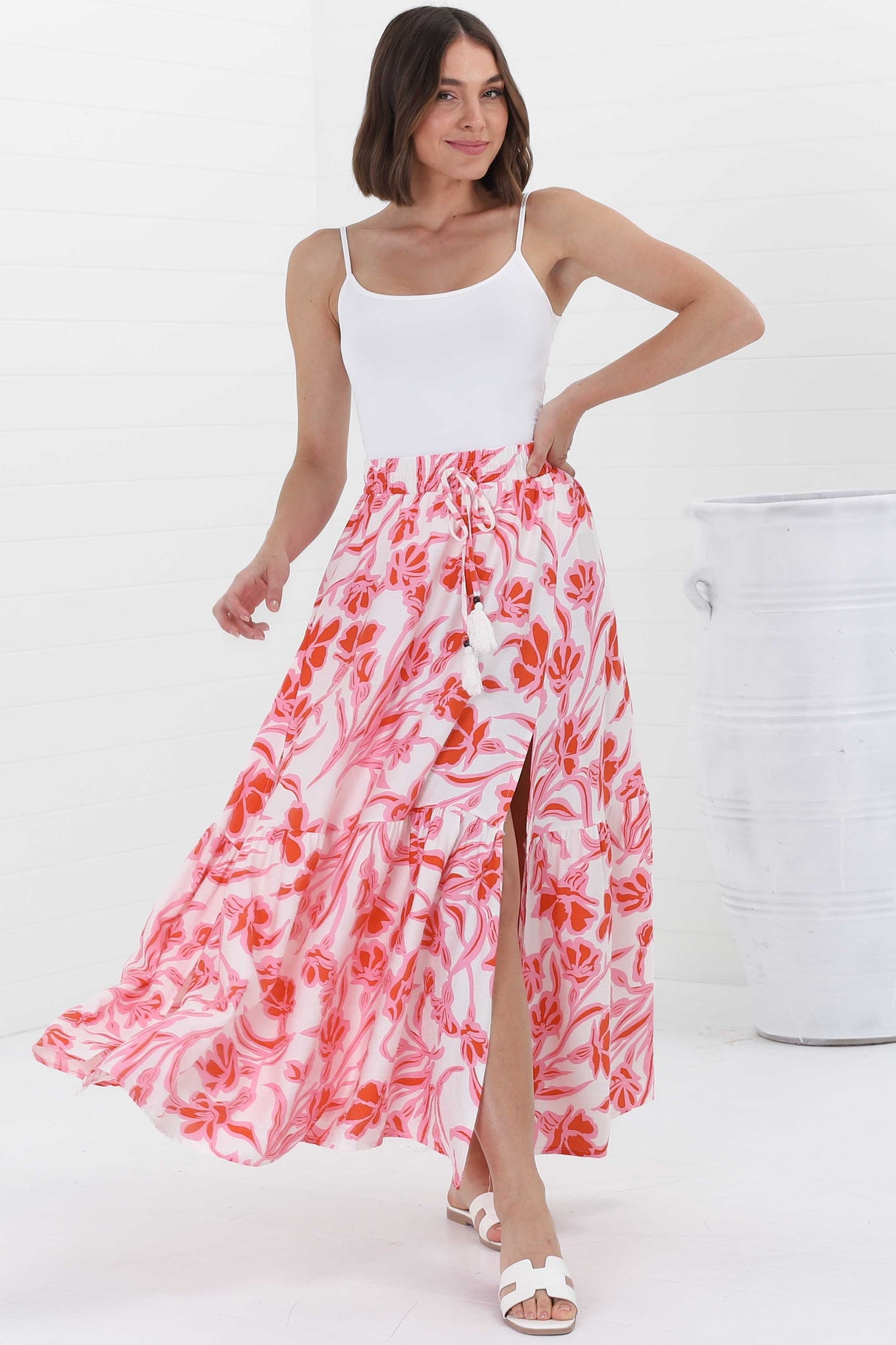 Hellen Maxi Skirt - High Waisted Skirt with Front Splits in Braley Print Pink