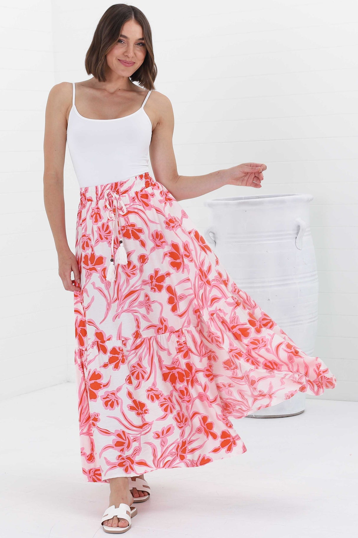 Hellen Maxi Skirt - High Waisted Skirt with Front Splits in Braley Print Pink