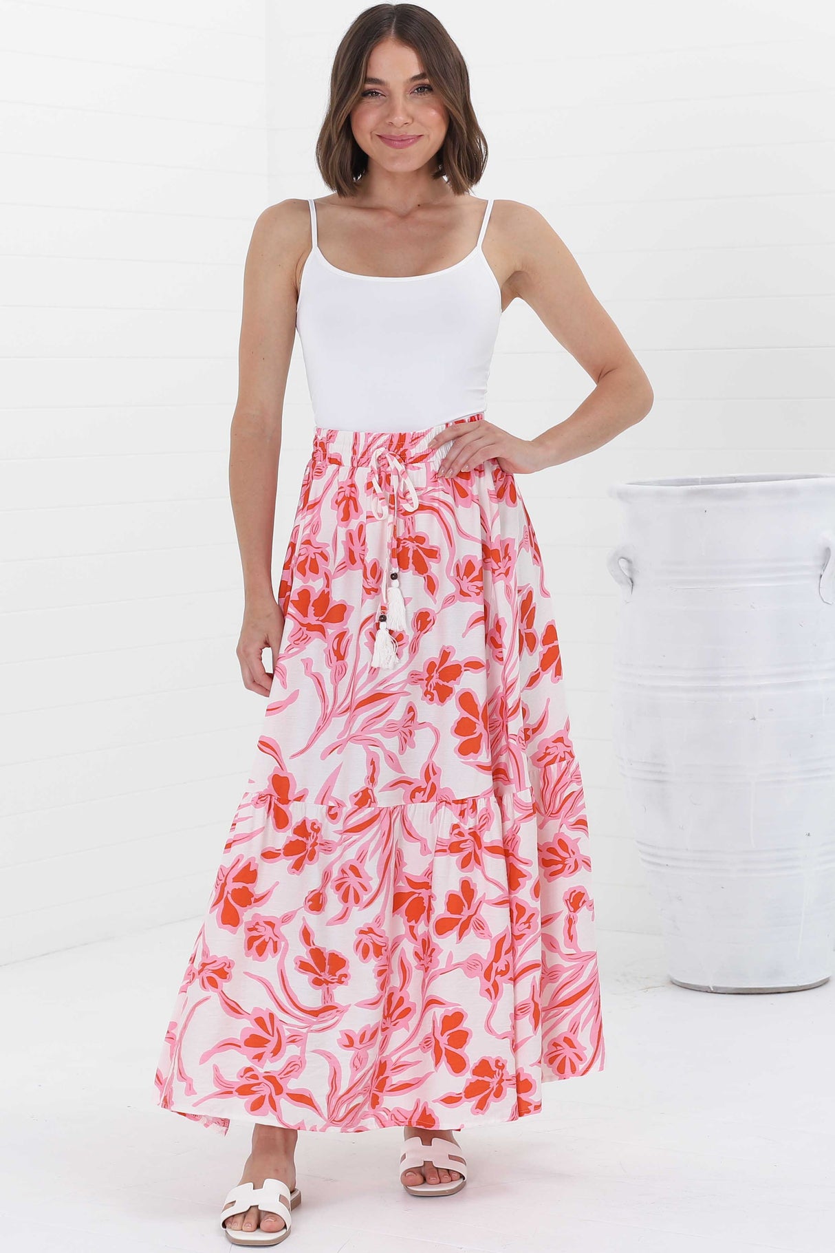 Hellen Maxi Skirt - High Waisted Skirt with Front Splits in Braley Print Pink