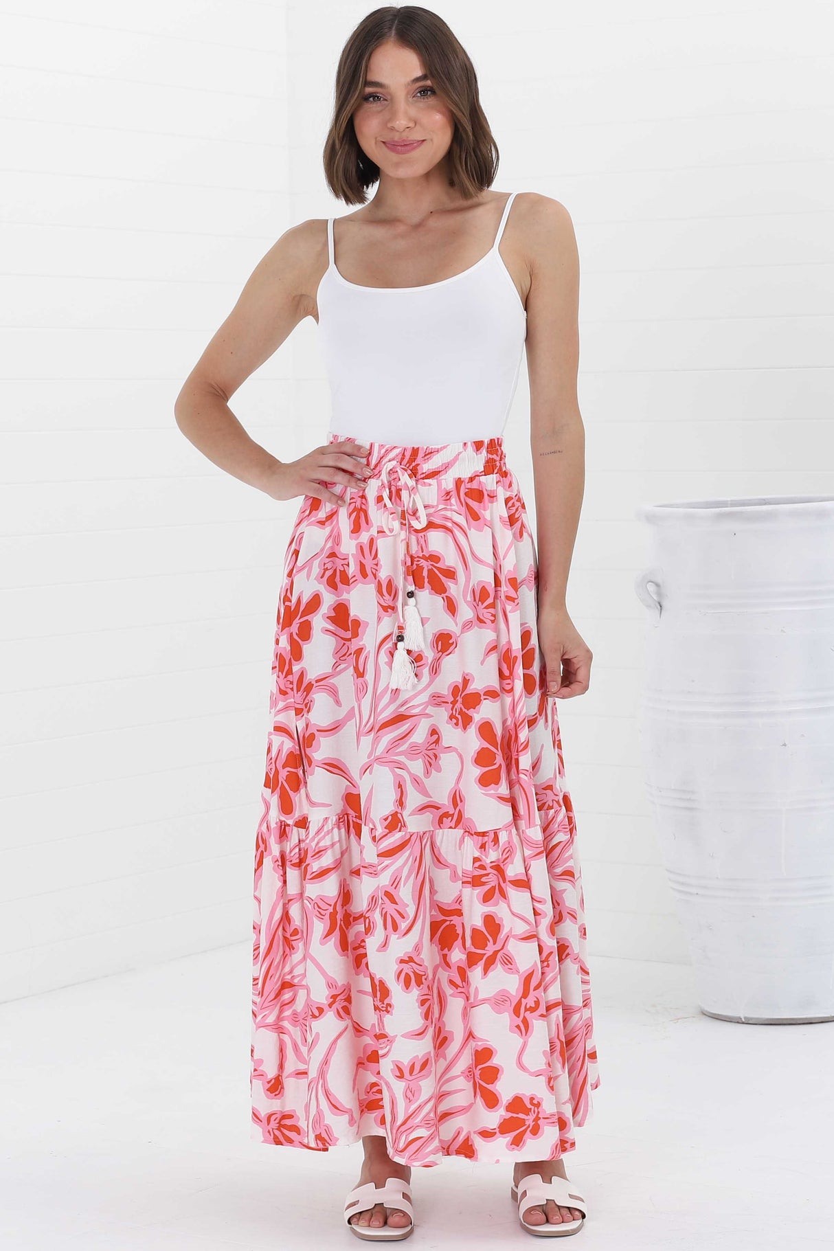 Hellen Maxi Skirt - High Waisted Skirt with Front Splits in Braley Print Pink