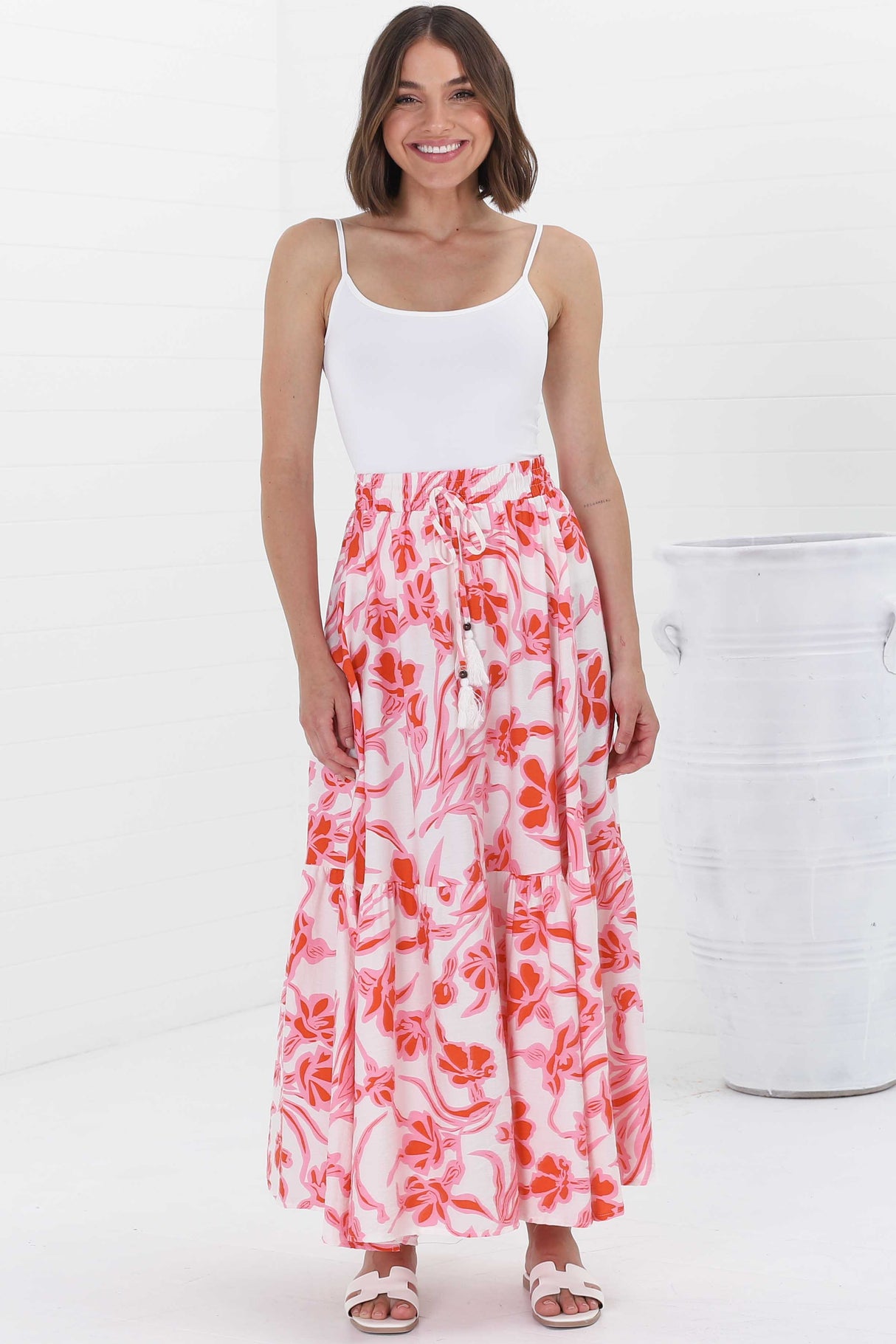 Hellen Maxi Skirt - High Waisted Skirt with Front Splits in Braley Print Pink