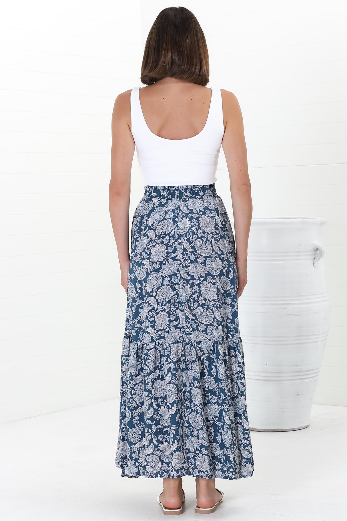 Hellen Maxi Skirt - High Waisted Skirt with Front Splits in Brulette Print Blue