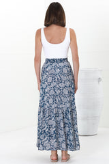 Hellen Maxi Skirt - High Waisted Skirt with Front Splits in Brulette Print Blue