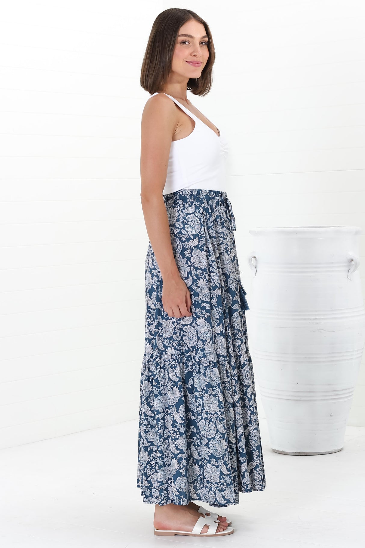 Hellen Maxi Skirt - High Waisted Skirt with Front Splits in Brulette Print Blue