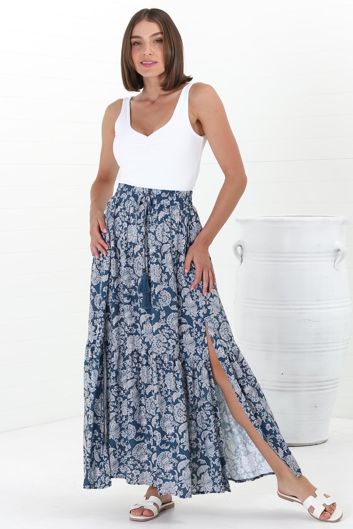 Hellen Maxi Skirt - High Waisted Skirt with Front Splits in Brulette Print Blue