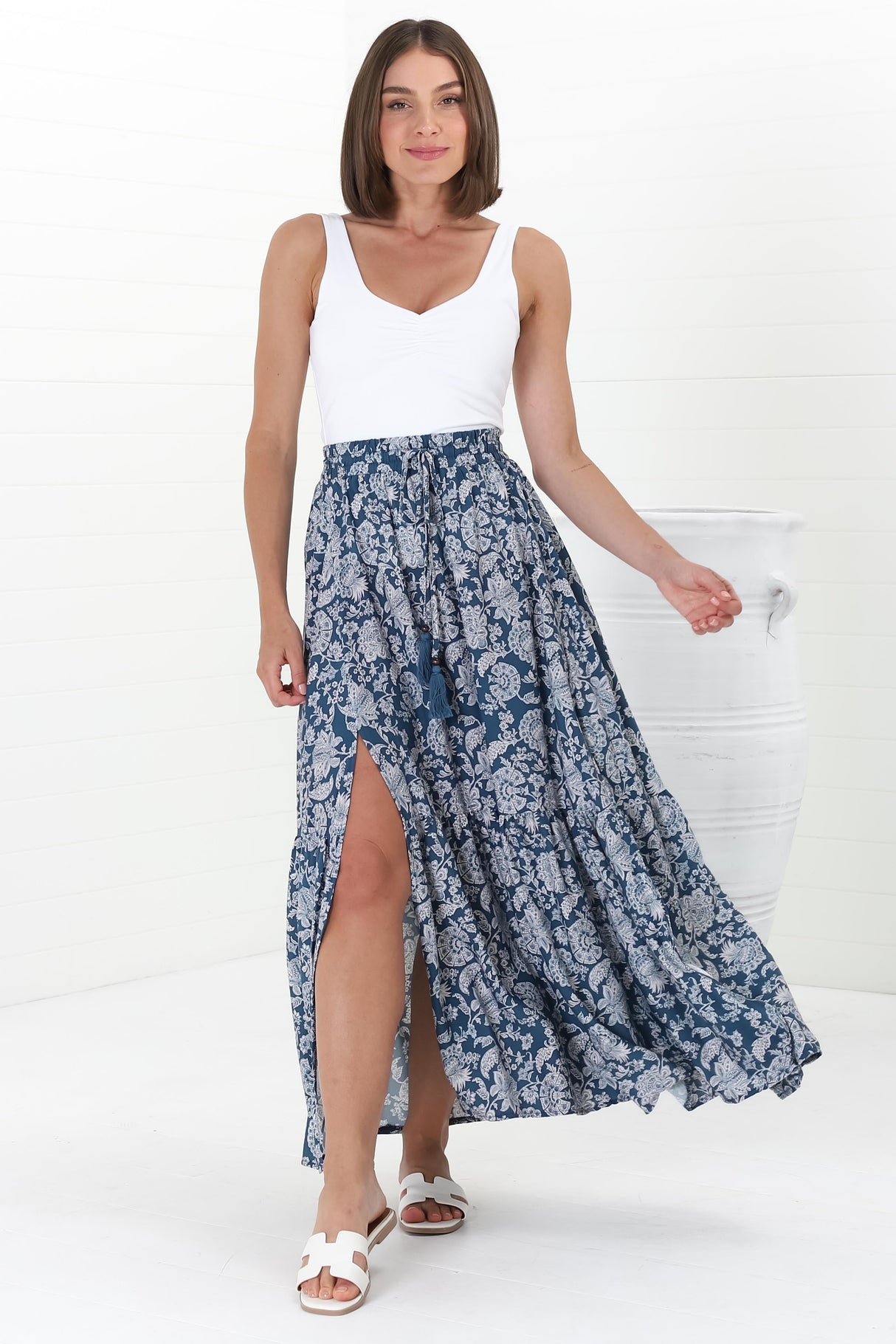 Hellen Maxi Skirt - High Waisted Skirt with Front Splits in Brulette Print Blue