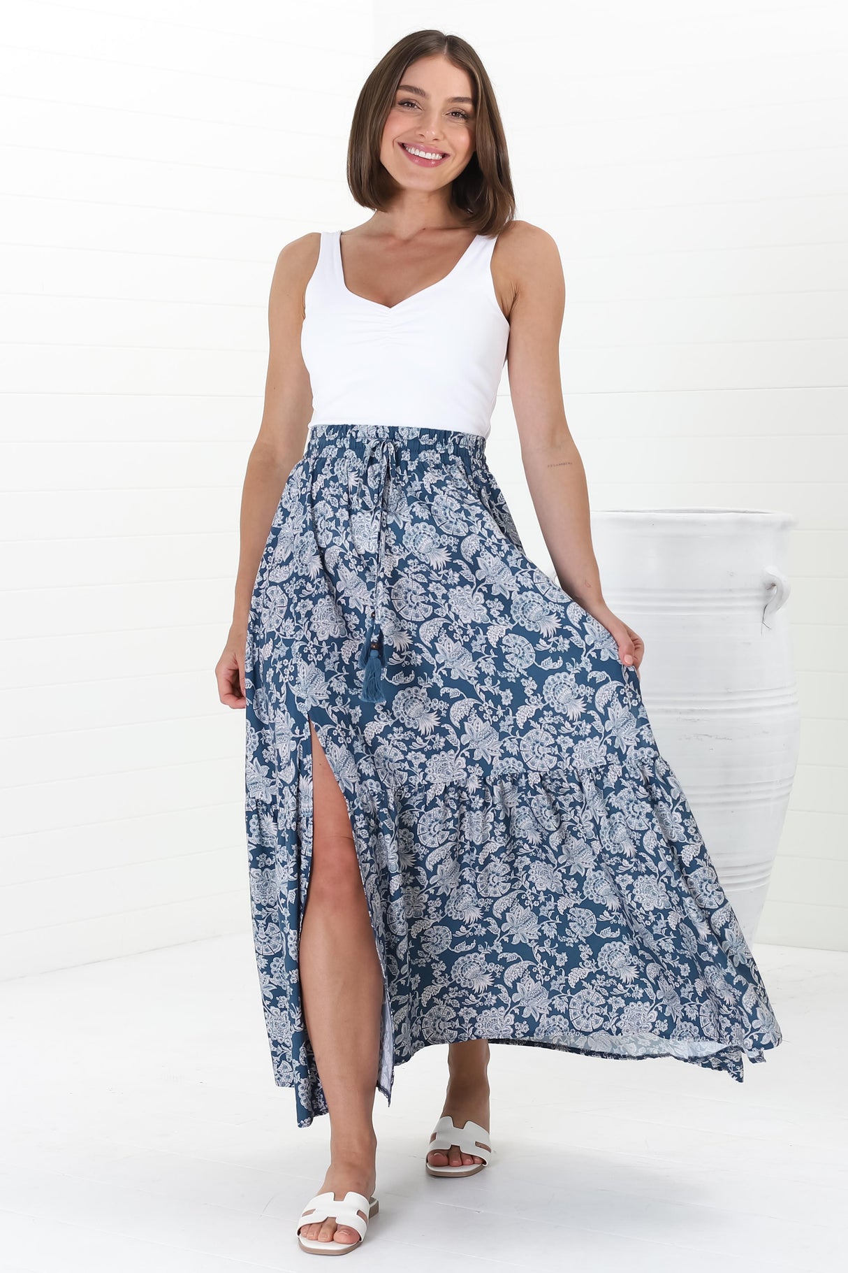 Hellen Maxi Skirt - High Waisted Skirt with Front Splits in Brulette Print Blue