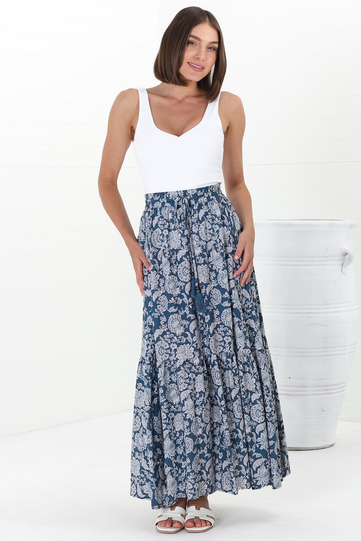 Hellen Maxi Skirt - High Waisted Skirt with Front Splits in Brulette Print Blue