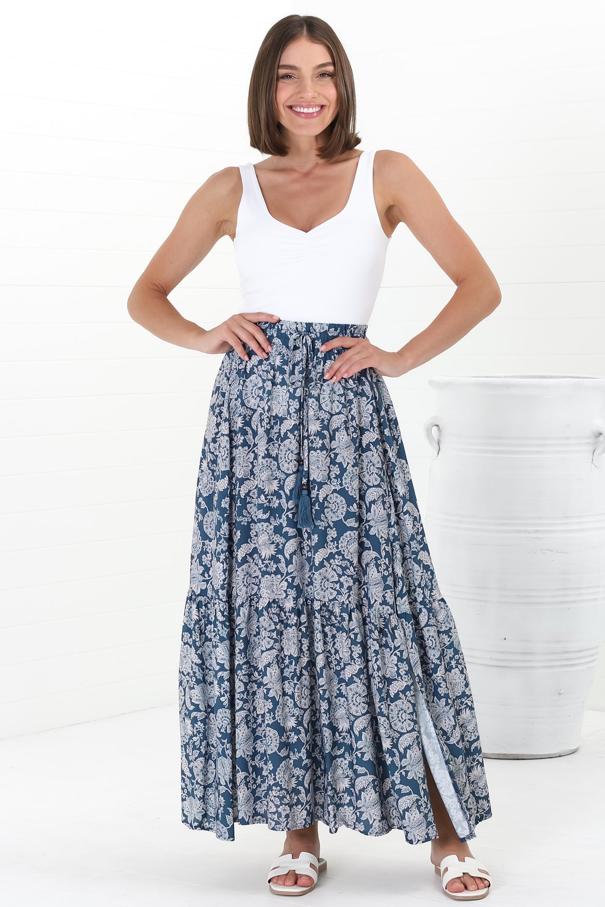 Hellen Maxi Skirt - High Waisted Skirt with Front Splits in Brulette Print Blue