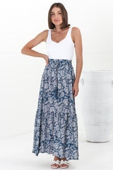 Hellen Maxi Skirt - High Waisted Skirt with Front Splits in Brulette Print Blue