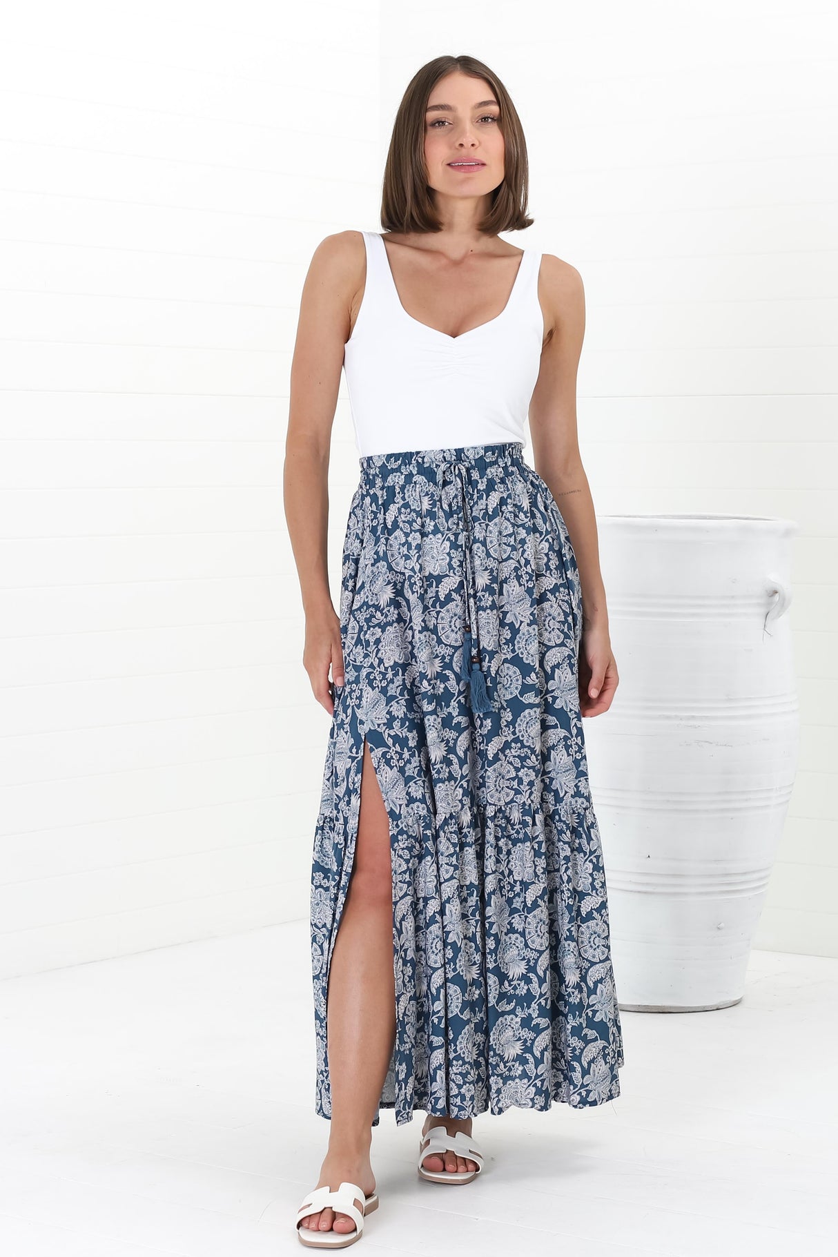 Hellen Maxi Skirt - High Waisted Skirt with Front Splits in Brulette Print Blue