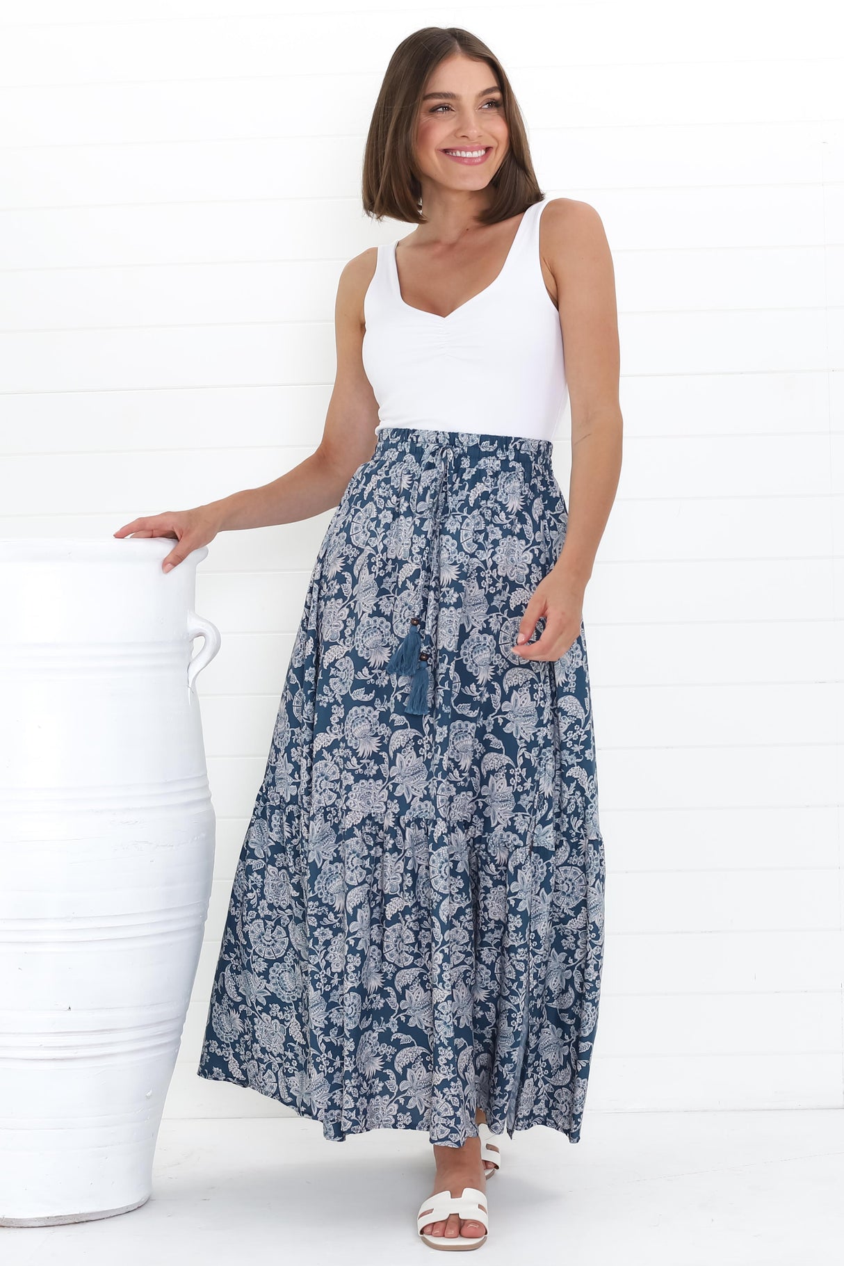 Hellen Maxi Skirt - High Waisted Skirt with Front Splits in Brulette Print Blue