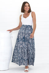 Hellen Maxi Skirt - High Waisted Skirt with Front Splits in Brulette Print Blue