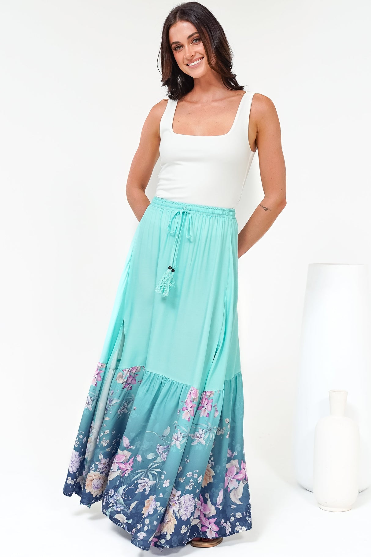 Hellen Maxi Skirt - High Waisted Skirt with Front Splits in Candyce Print Blue
