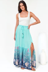 Hellen Maxi Skirt - High Waisted Skirt with Front Splits in Candyce Print Blue
