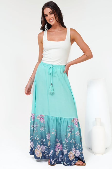 Hellen Maxi Skirt - High Waisted Skirt with Front Splits in Candyce Print Blue