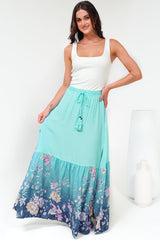 Hellen Maxi Skirt - High Waisted Skirt with Front Splits in Candyce Print Blue