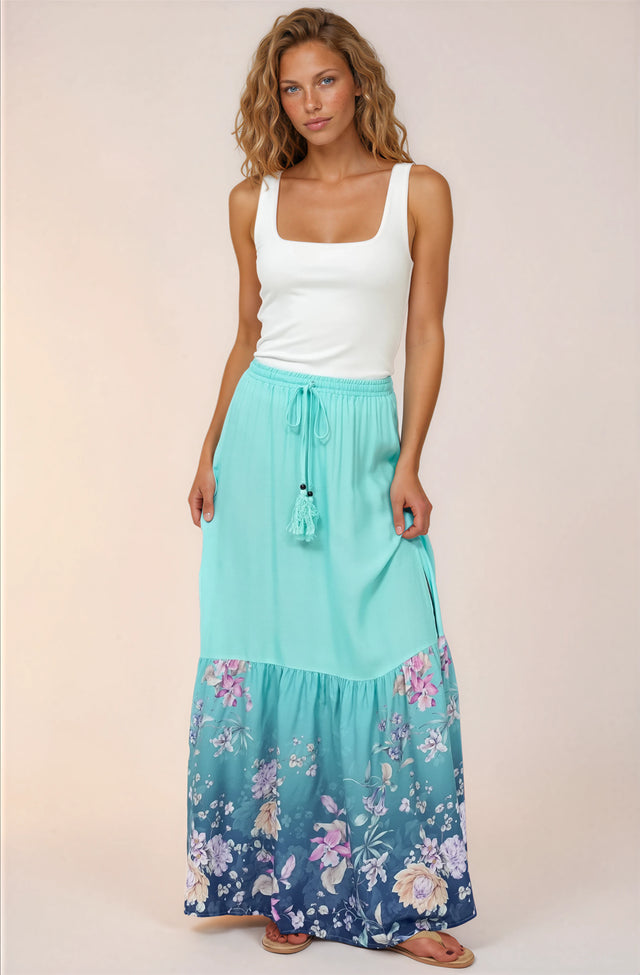 Model wearing Hellen Maxi Skirt in Candyce Blue from Salty Crush