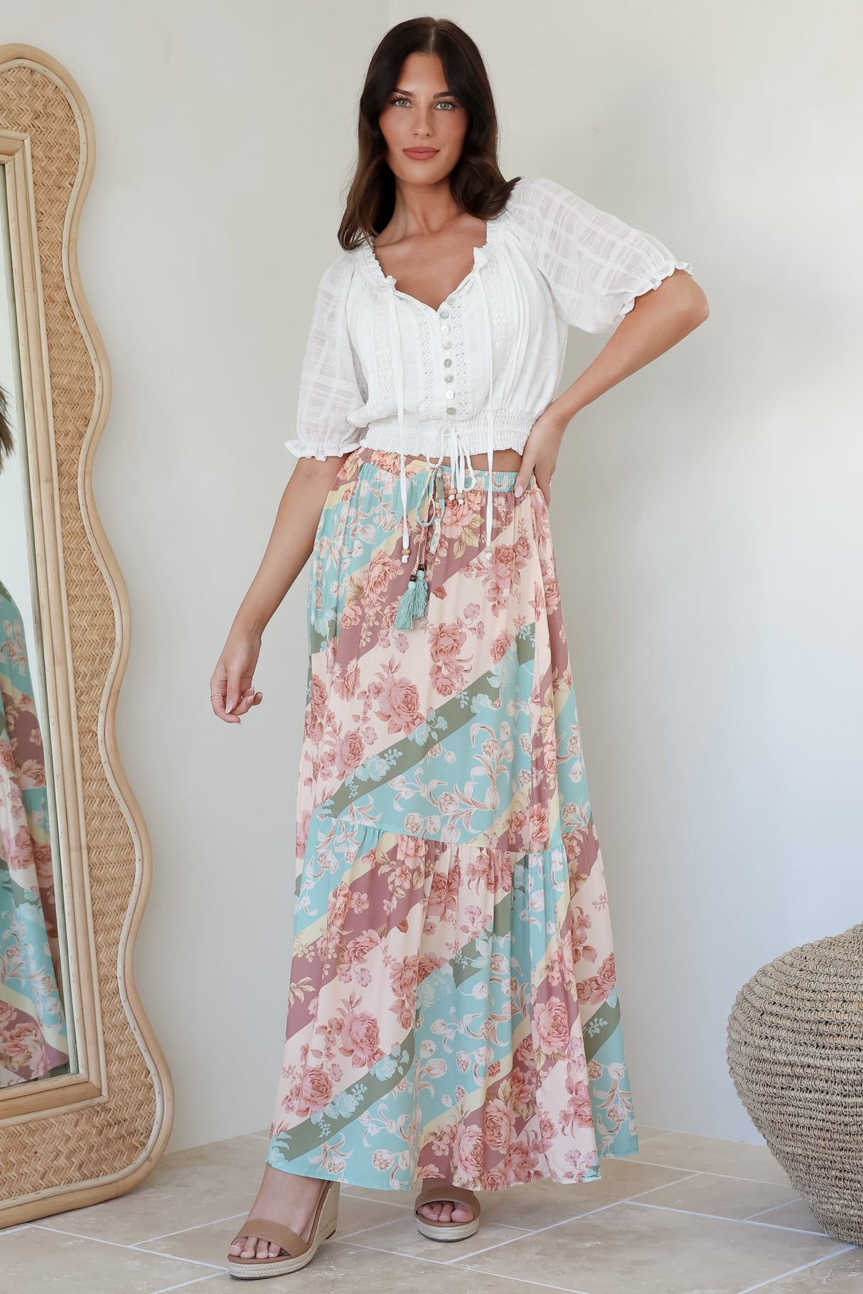 Hellen Maxi Skirt - High Waisted Skirt with Front Splits in Clavelle Print