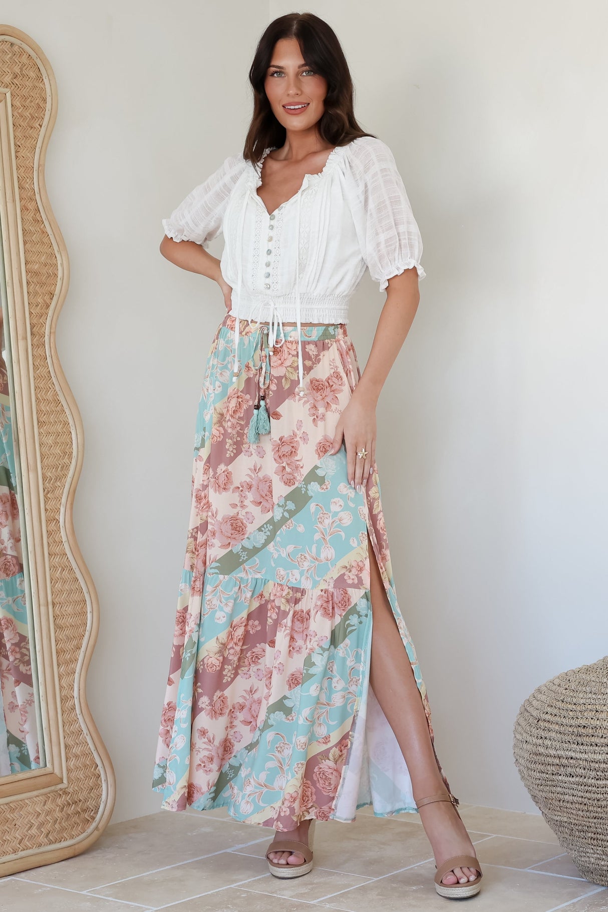 Hellen Maxi Skirt - High Waisted Skirt with Front Splits in Clavelle Print