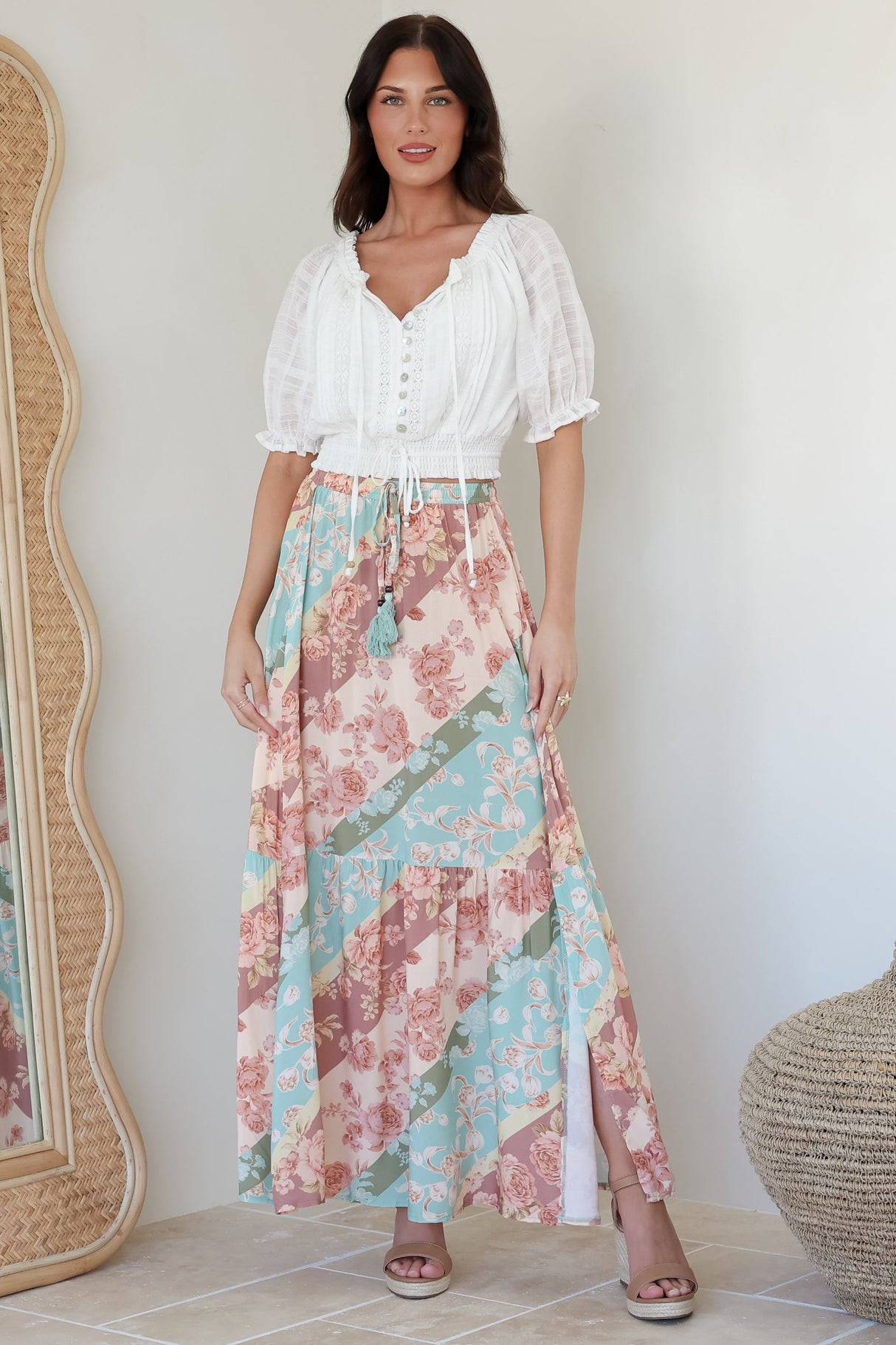 Hellen Maxi Skirt - High Waisted Skirt with Front Splits in Clavelle Print