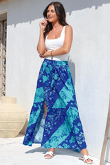 Hellen Maxi Skirt - High Waisted Skirt with Front Splits in Clavelle Print Blue