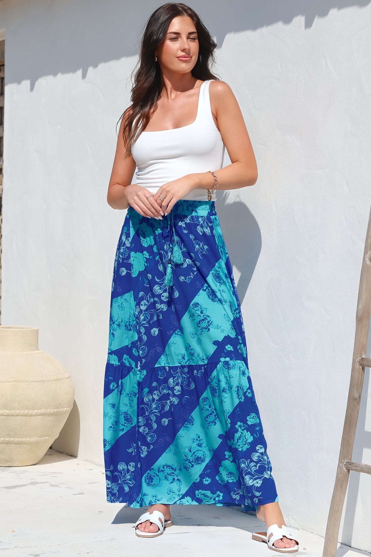 Hellen Maxi Skirt - High Waisted Skirt with Front Splits in Clavelle Print Blue