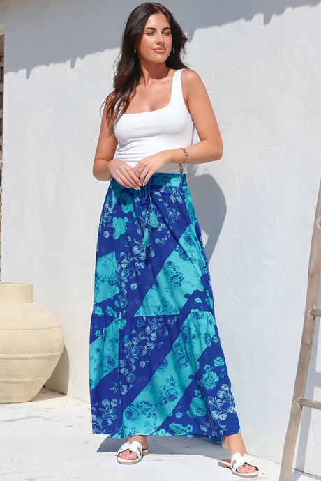 Hellen Maxi Skirt - High Waisted Skirt with Front Splits in Clavelle Print Blue