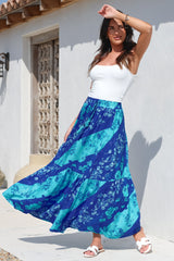 Hellen Maxi Skirt - High Waisted Skirt with Front Splits in Clavelle Print Blue