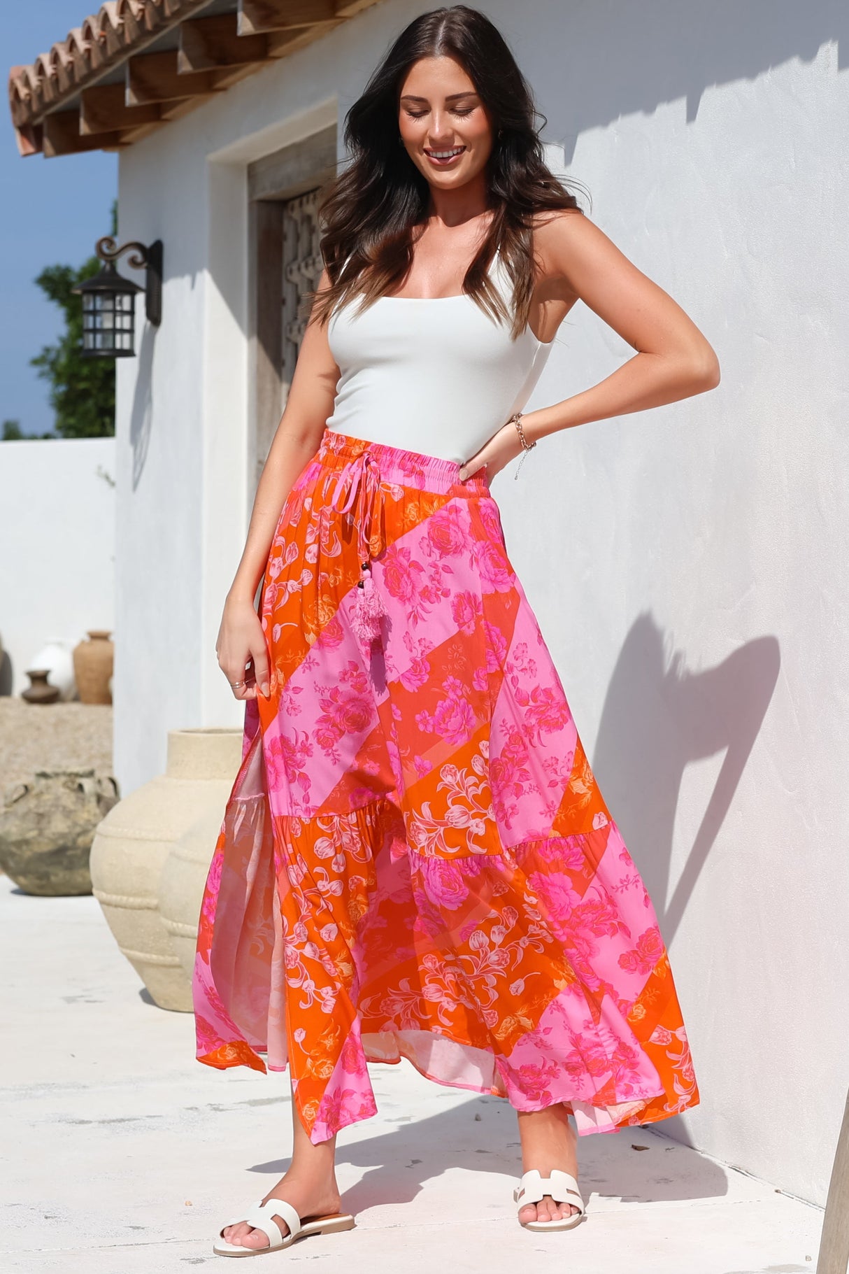 Hellen Maxi Skirt - High Waisted Skirt with Front Splits in Clavelle Print Pink