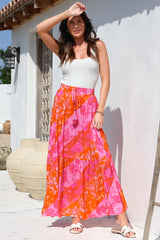 Hellen Maxi Skirt - High Waisted Skirt with Front Splits in Clavelle Print Pink