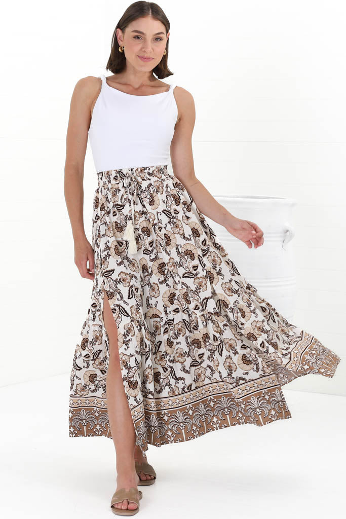 Hellen Maxi Skirt - High Waisted Skirt with Front Splits in Djonga Print Beige