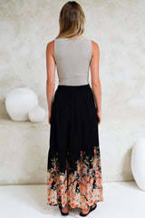 Hellen Maxi Skirt - High Waisted Skirt with Front Splits in Florence Print Black