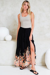 Hellen Maxi Skirt - High Waisted Skirt with Front Splits in Florence Print Black