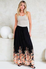 Hellen Maxi Skirt - High Waisted Skirt with Front Splits in Florence Print Black