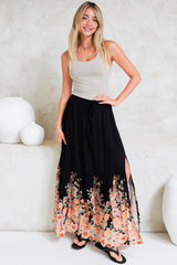 Hellen Maxi Skirt - High Waisted Skirt with Front Splits in Florence Print Black