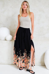 Hellen Maxi Skirt - High Waisted Skirt with Front Splits in Florence Print Black