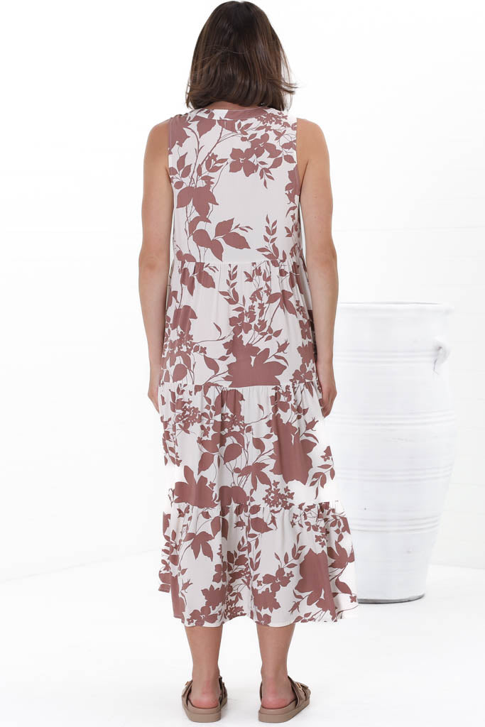 Acelle Midi Dress - Sleeveless Bermuda Collar Button Down Dress in Kacia Print Brown