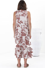 Acelle Midi Dress - Sleeveless Bermuda Collar Button Down Dress in Kacia Print Brown