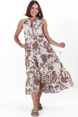 Acelle Midi Dress - Sleeveless Bermuda Collar Button Down Dress in Kacia Print Brown