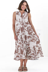 Acelle Midi Dress - Sleeveless Bermuda Collar Button Down Dress in Kacia Print Brown