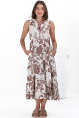 Acelle Midi Dress - Sleeveless Bermuda Collar Button Down Dress in Kacia Print Brown