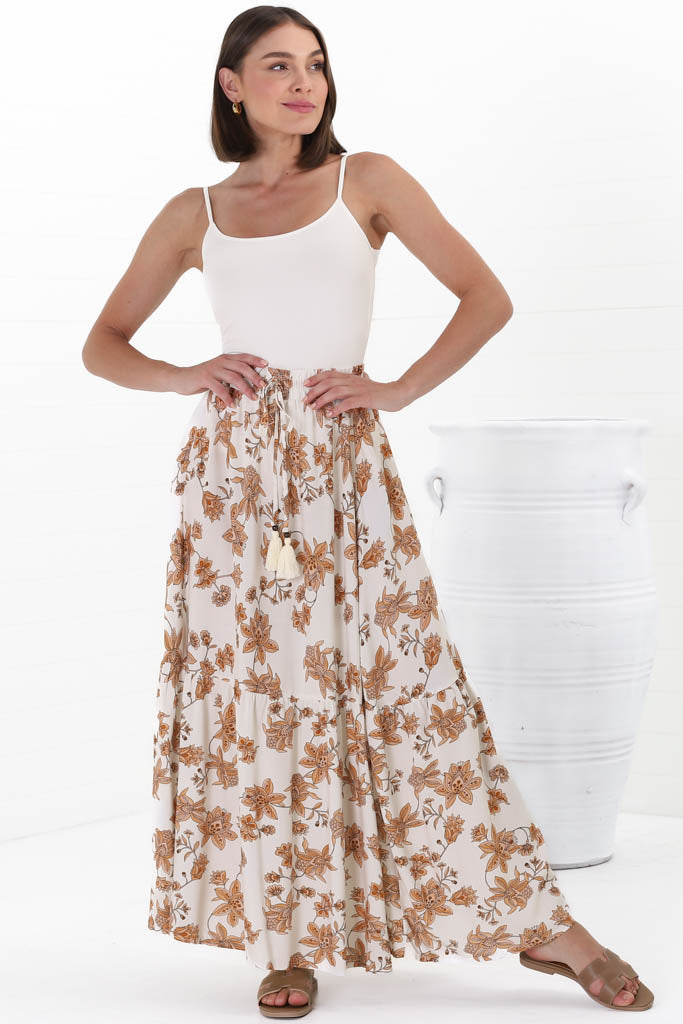 Hellen Maxi Skirt - High Waisted Skirt with Front Splits in Halara Print Cream