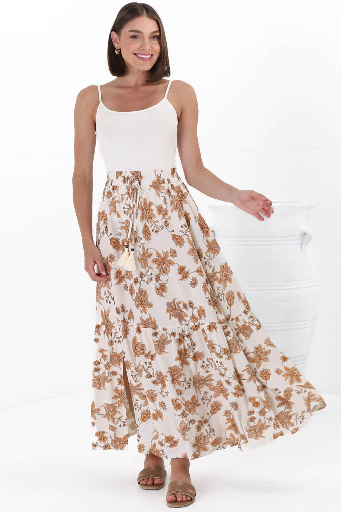 Hellen Maxi Skirt - High Waisted Skirt with Front Splits in Halara Print Cream