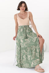 Hellen Maxi Skirt - High Waisted Skirt with Front Splits in Havanna Print Green