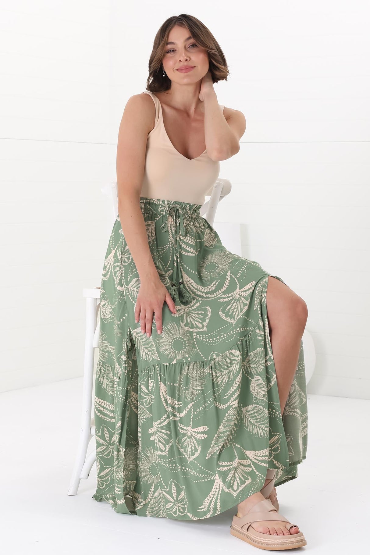 Hellen Maxi Skirt - High Waisted Skirt with Front Splits in Havanna Print Green