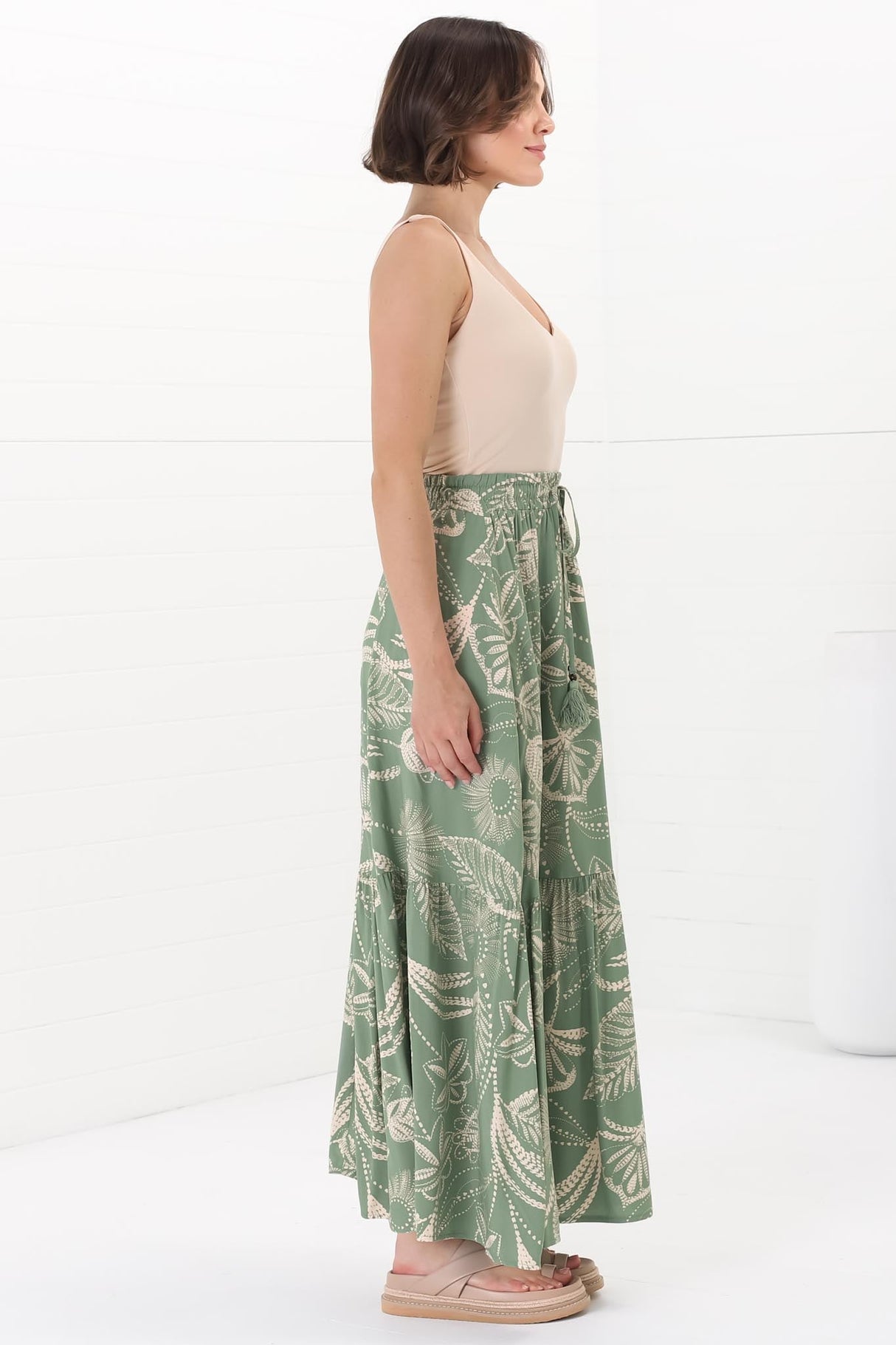 Hellen Maxi Skirt - High Waisted Skirt with Front Splits in Havanna Print Green